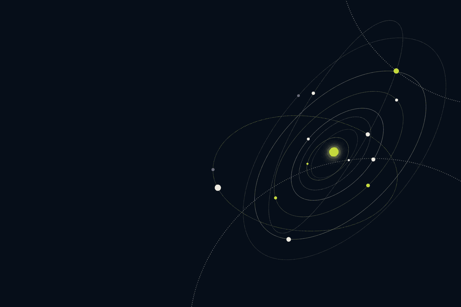 Orbital paths converging around a luminous AI system
